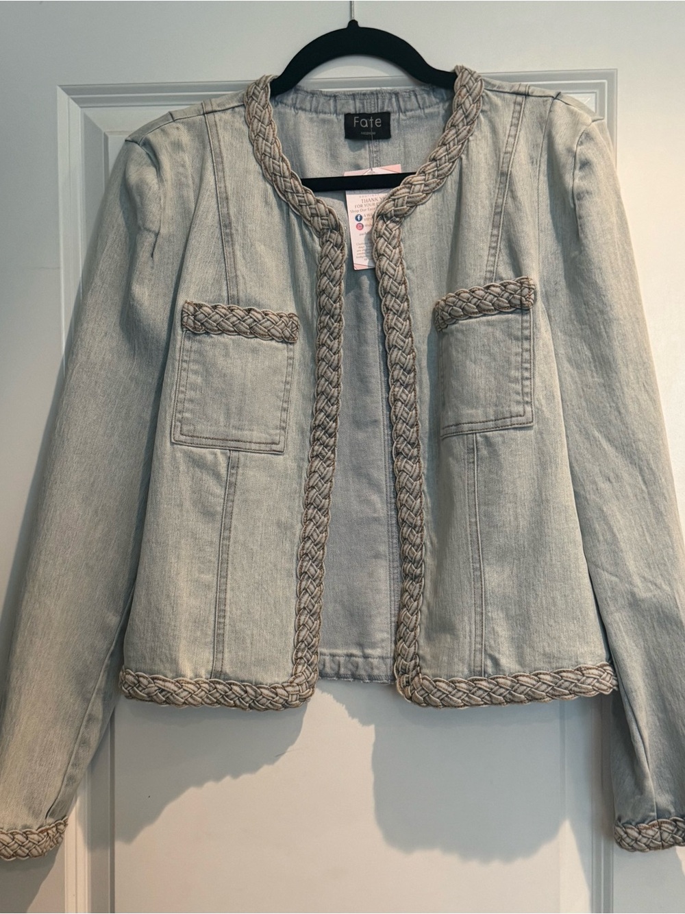 Fate Pale Blue Denim Jacket with Braided Trim